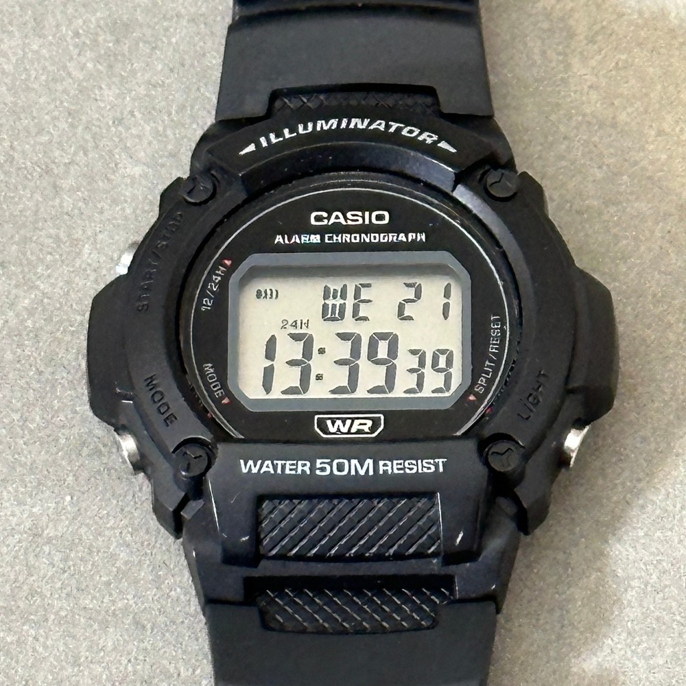 Casio Illuminator Digital Watch Black Resin W-219H 50M Water Resist Alarm Chrono